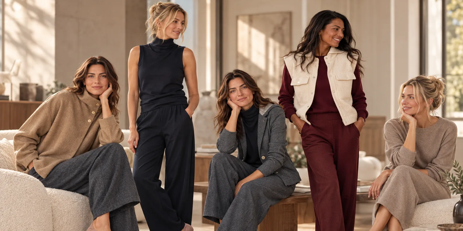 Five women together in a sunlit room, in Arava knitwear, trousers and layers